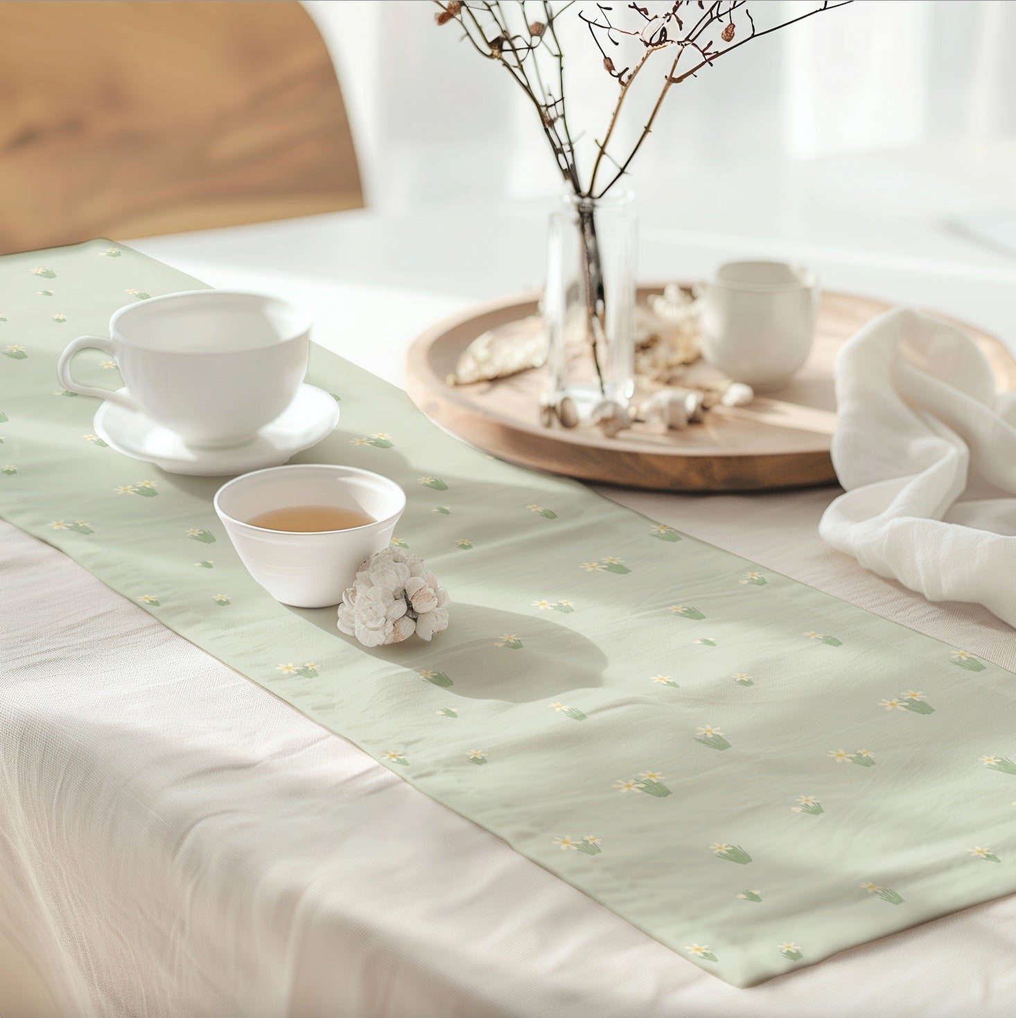 Daffodil Dance Table Runner – Sage Green & Yellow Floral for