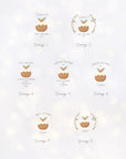 Contact sheet showcasing eight illustrated Christmas pudding artwork layouts for personalised festive sacks. Designs include classic puddings with holly sprigs, scattered winter foliage, wreath variations, and wording options such as ‘Special Delivery’, ‘First Christmas’, and family-friendly phrases. Set against a soft wintery bokeh background