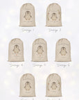 Contact sheet displaying all eight personalised penguin sack designs printed on linen-look fabric Santa sacks. Each mockup shows a different layout, including wreaths, Christmas text, ‘Special Delivery’ arches, and first Christmas options. Shown on a gentle bokeh background for a festive, premium look