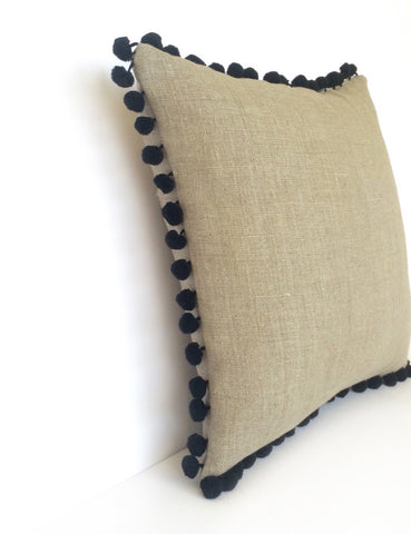 Natural Linen & Black Pom Pom Bobble Trim Cushion - Various Sizes - MADE TO ORDER