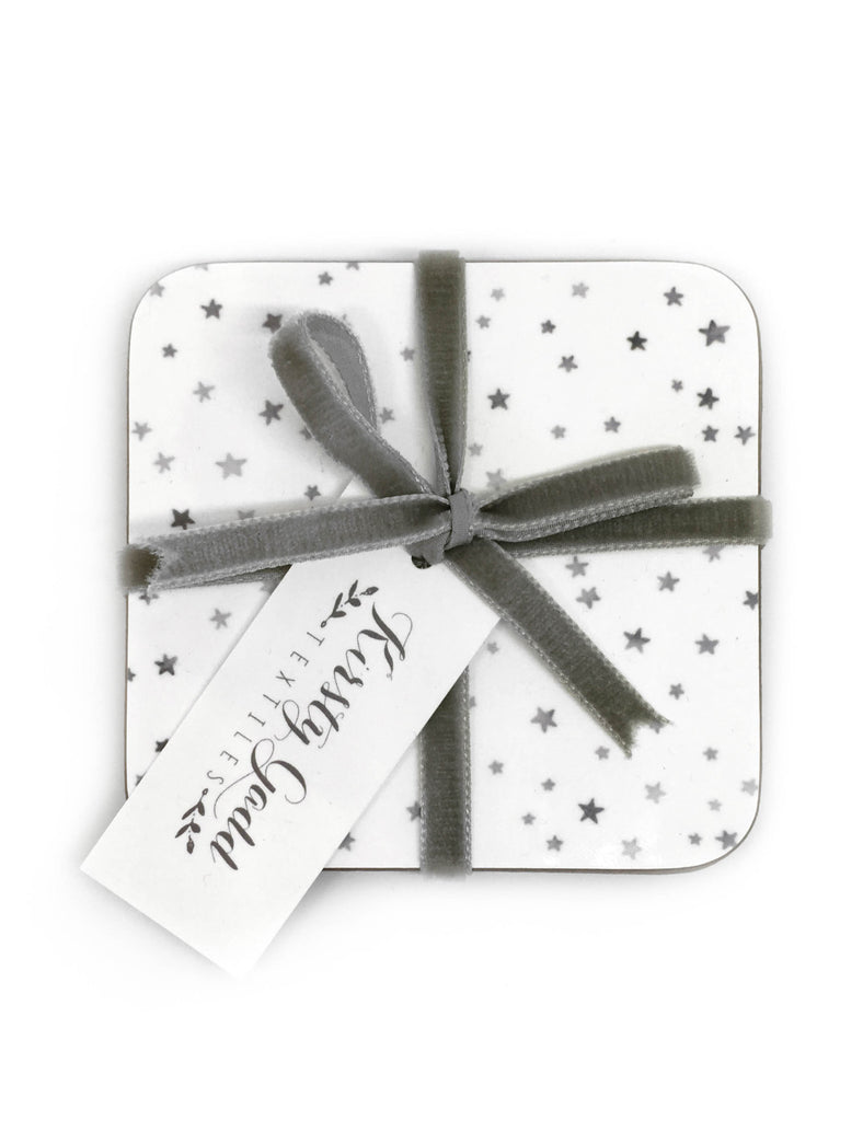 Kirsty Gadd textiles star coasters 4 pack tied with velvet ribbon grey, made in the uk