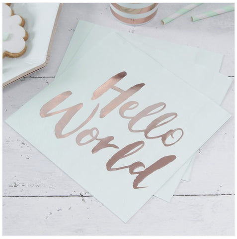 CLEARANCE: Mint & Rose Gold Paper Napkins - Hello World - Baby Shower