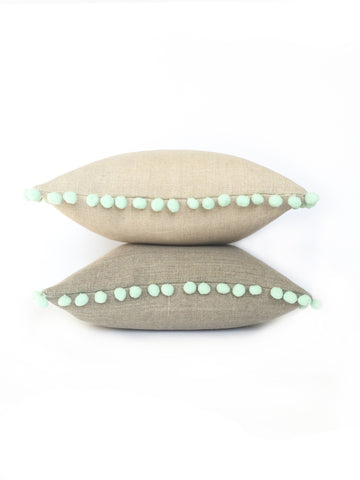Natural Linen & Mint Green Pom Pom Bobble Trim Cushion - Various Sizes - MADE TO ORDER