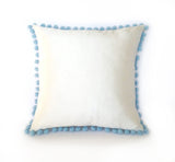 Ivory Silk & Blue Pom Pom Bobble Trim Cushion - Various Sizes - MADE TO ORDER