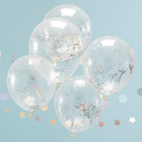 CLEARANCE: Holographic Glitter Confetti Balloons - 5 Pack