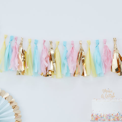 CLEARANCE: Blush Pink, Baby Blue & Gold Tassel Garland Decoration - 2m