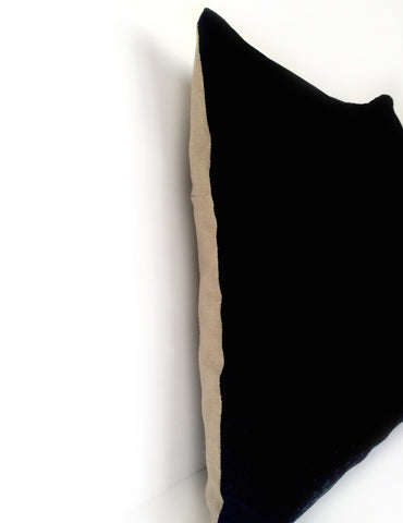 Black Hand Dyed Silk Velvet Cushion with Dark Natural Linen Back - 40 x 40cm