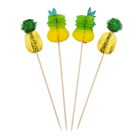 Pineapple Pom pom Picks - 12 Pack - Cupcake Toppers, Drink Stirrers, Food Picks