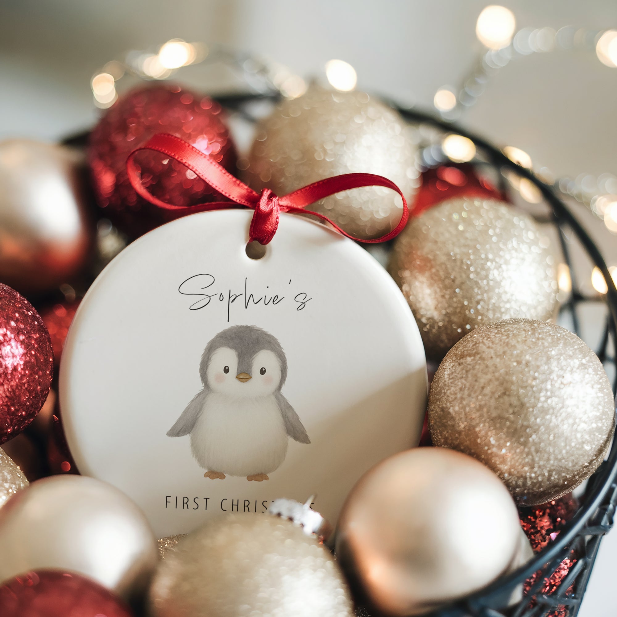 Personalised baby’s first Christmas ceramic ornament featuring a cute baby penguin illustration and the name ‘Sophie’, displayed in a festive basket surrounded by gold and red baubles with warm Christmas lights
