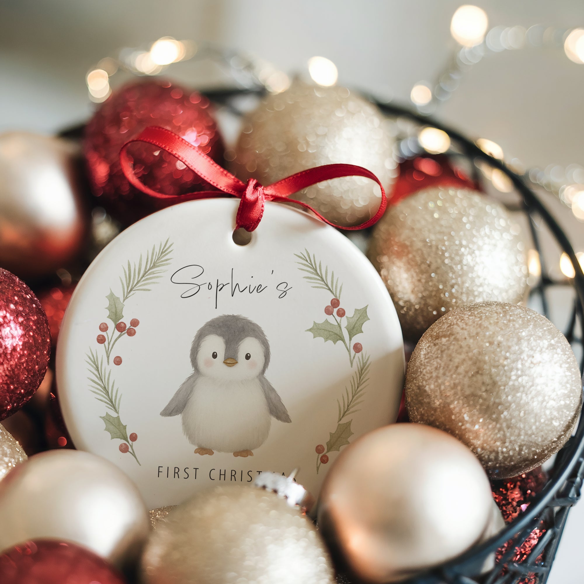 Image showing a personalised round ceramic Christmas ornament featuring a baby penguin illustration, surrounded by soft holly and pine sprigs. The ornament hangs from a red satin ribbon among gold and red baubles with warm fairy lights in the background. The name “Sophie’s” appears above the penguin with “First Christmas 2025