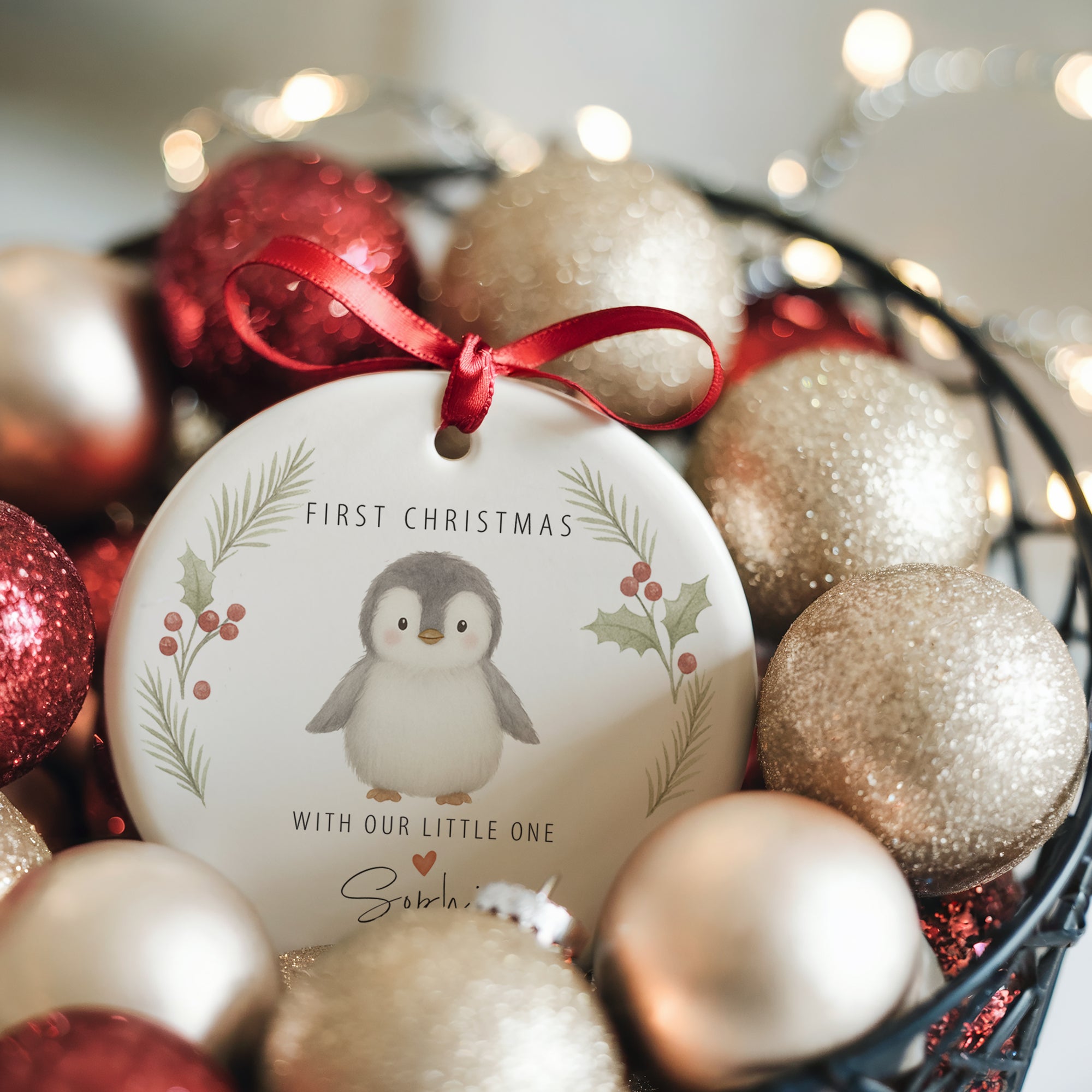 Personalised ceramic baby’s first Christmas ornament featuring a cute baby penguin framed by holly and pine illustrations. The decoration hangs from a red satin ribbon and sits nestled among gold and red baubles with warm fairy lights in the background