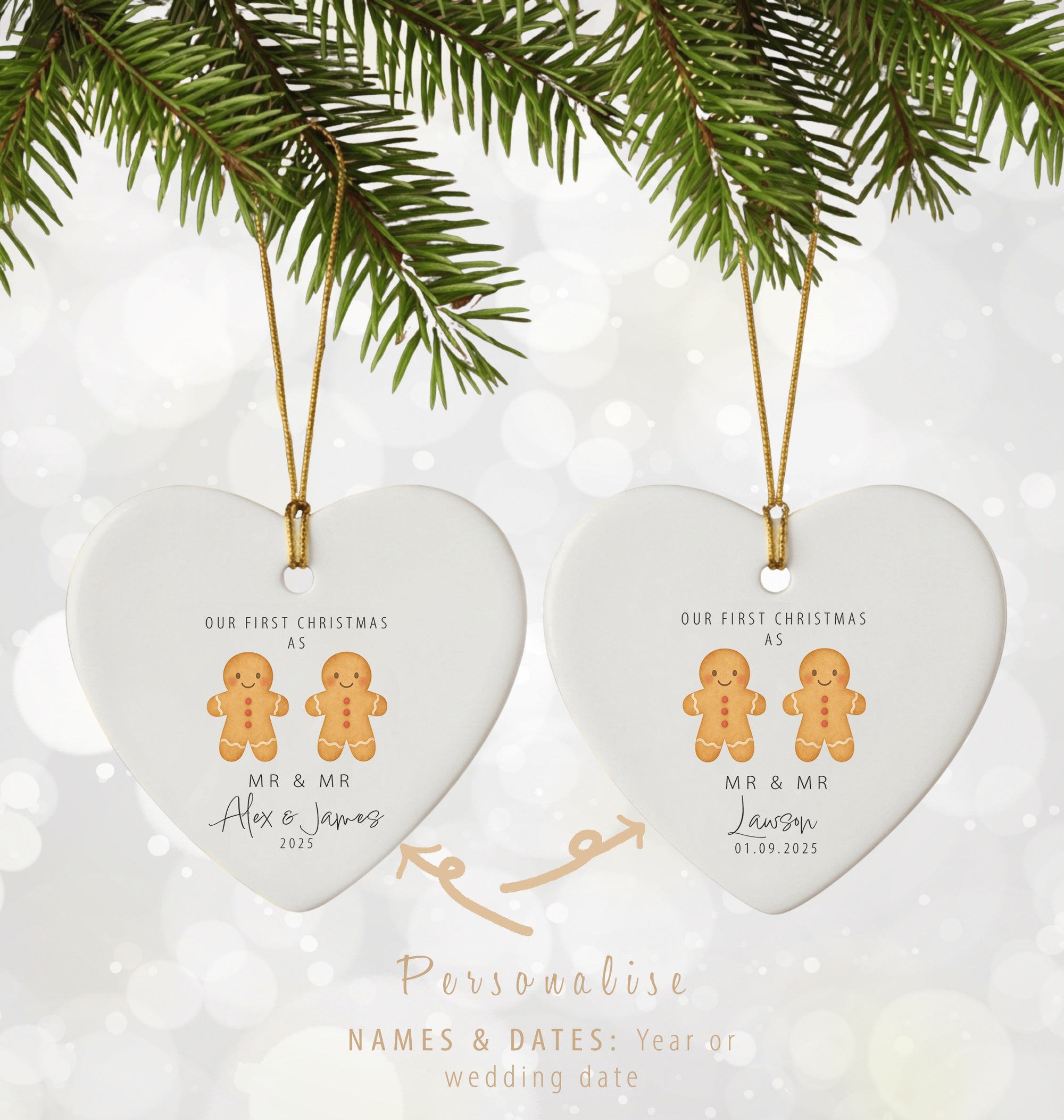 Two personalised Mr & Mr gingerbread couple heart ornaments hanging from gold cords on a pine branch. One shows first names (“Alex & James 2025”), and the other shows surname and wedding date (“Lawson 01.09.2025”). Soft festive bokeh background with text explaining customisation options below.