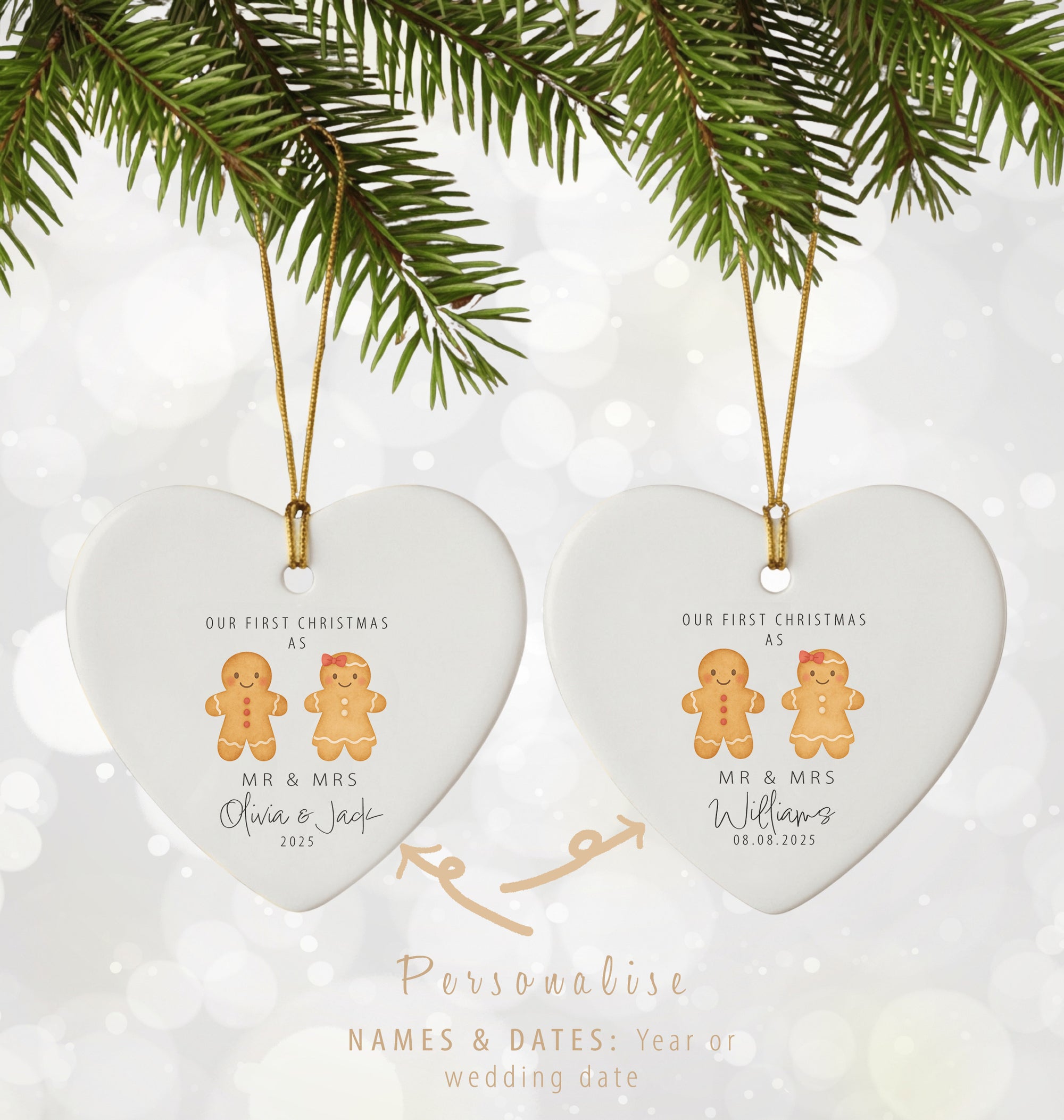 Set of two personalised Mr & Mrs gingerbread heart ornaments showing name and date options, displayed beneath Christmas greenery on a soft sparkling background