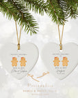 Two Mrs & Mrs personalised gingerbread couple heart ornaments hanging from gold cords against a soft winter bokeh background. Left ornament shows the names ‘Ella & Sophie 2025’; right ornament shows the surname ‘Hughes’ and wedding date ‘03.02.2025’. Text overlay at the bottom reads ‘Personalise – Names & Dates: Year or wedding date’ with decorative arrows.