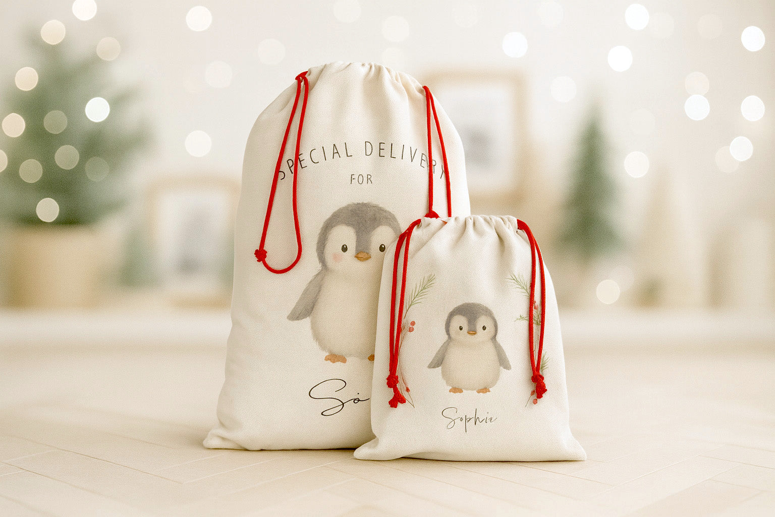 Luxury personalised Christmas sacks featuring hand-illustrated penguin designs, shown in a softly lit festive room with blurred twinkling lights. One large Santa sack and one small gift sack stand side by side, both made from premium linen-look fabric with red drawcord ties. A warm, nostalgic Christmas aesthetic.