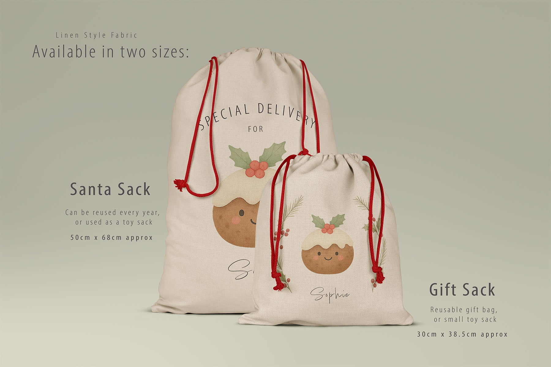 Side-by-side comparison of the large Christmas pudding Santa Sack and the smaller pudding Gift Sack presented on a sage green background. Both sacks showcase the illustrated pudding design with holly and festive details, printed on premium linen-style fabric with red drawcord ties. Text highlights available sizes, approximate measurements, and suggested uses such as Santa deliveries, toy storage, and reusable gift wrapping