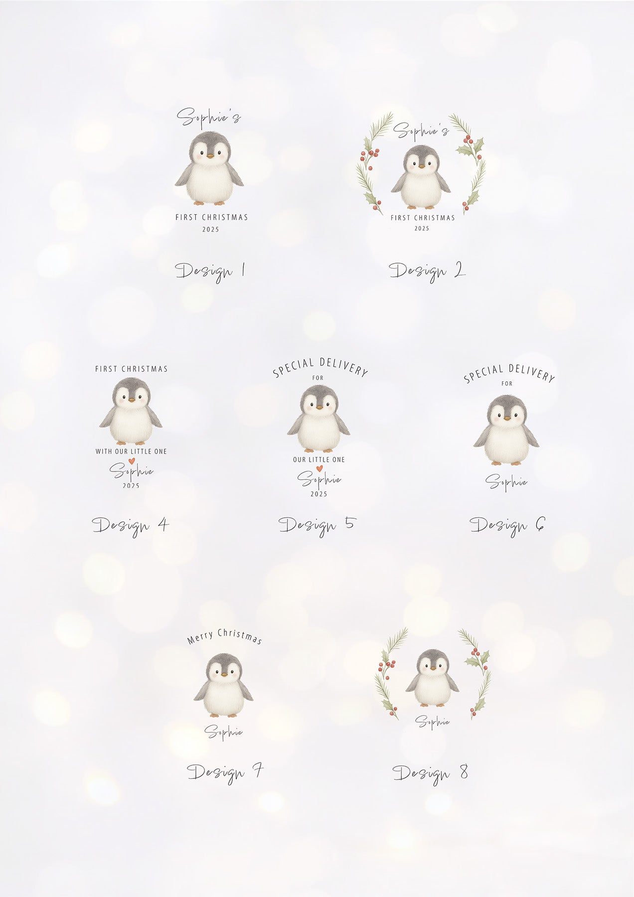 Contact sheet showing eight penguin illustration layout options for personalised Christmas sacks. Each design includes hand-drawn penguin artwork with festive botanical elements, different wording styles, and options such as ‘First Christmas’, ‘Special Delivery’, ‘Our Little One’, and holly wreath motifs. Displayed on a soft bokeh winter background