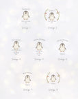 Contact sheet showing eight penguin illustration layout options for personalised Christmas sacks. Each design includes hand-drawn penguin artwork with festive botanical elements, different wording styles, and options such as ‘First Christmas’, ‘Special Delivery’, ‘Our Little One’, and holly wreath motifs. Displayed on a soft bokeh winter background