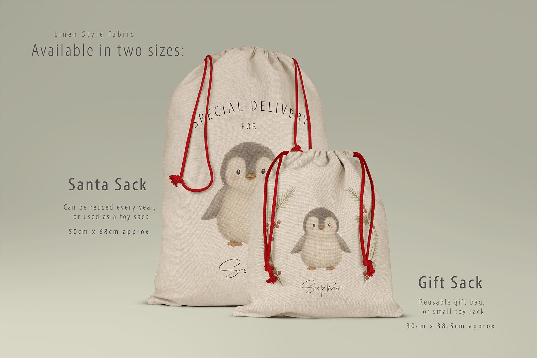 Side-by-side visual comparison of the large Santa Sack and small Gift Sack, displayed on a sage background. Both sacks feature the illustrated penguin design, thick linen-look fabric and red cords. Includes text showing the two available sizes, approximate measurements, and suggested uses such as Santa deliveries, toy sacks, reusable gift bags.