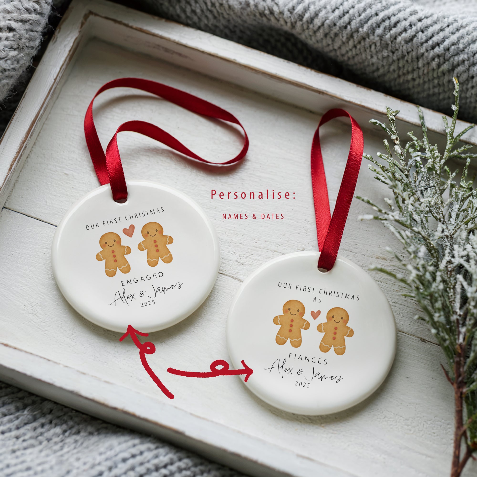 Personalised gingerbread couple Christmas ornament with “Our First Christmas as Fiancés” and the names Alex and James, displayed in a basket of glittery red and gold baubles with fairy lights