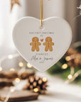 Personalised heart-shaped ornament showing a gingerbread Mr & Mr couple with the wording ‘Our First Christmas as Fiancés – Alex & James 2025,’ a festive keepsake for LGBTQ engaged couples