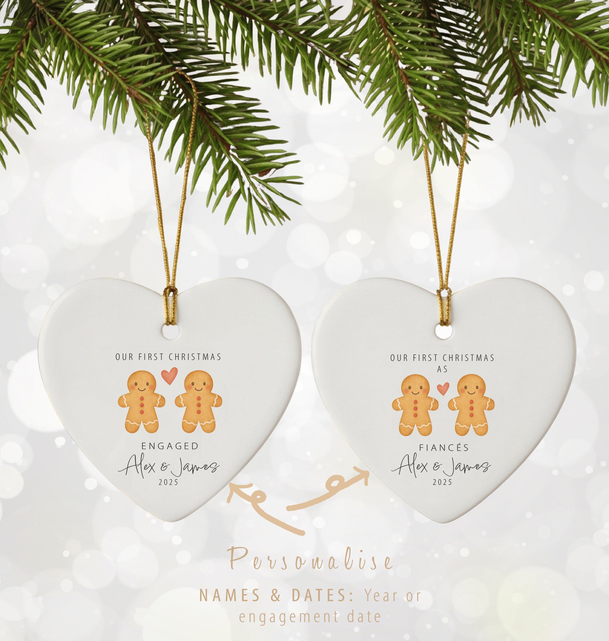 Two personalised ceramic heart ornaments for gay couples, each with a gingerbread Mr & Mr design and ‘Engaged’ or ‘Fiancés’ wording, displayed together as LGBTQ Christmas decorations