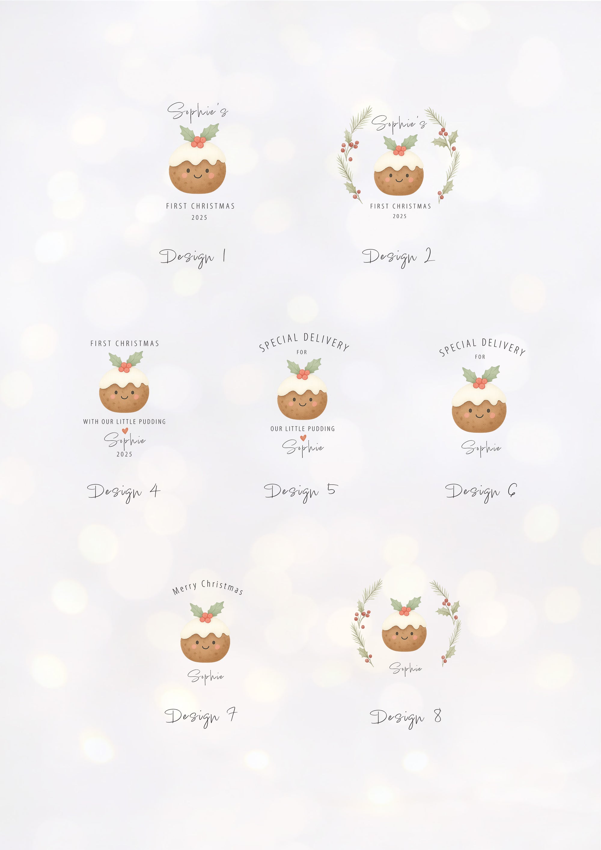 Contact sheet showcasing eight illustrated Christmas pudding artwork layouts for personalised festive sacks. Designs include classic puddings with holly sprigs, scattered winter foliage, wreath variations, and wording options such as ‘Special Delivery’, ‘First Christmas’, and family-friendly phrases. Set against a soft wintery bokeh background