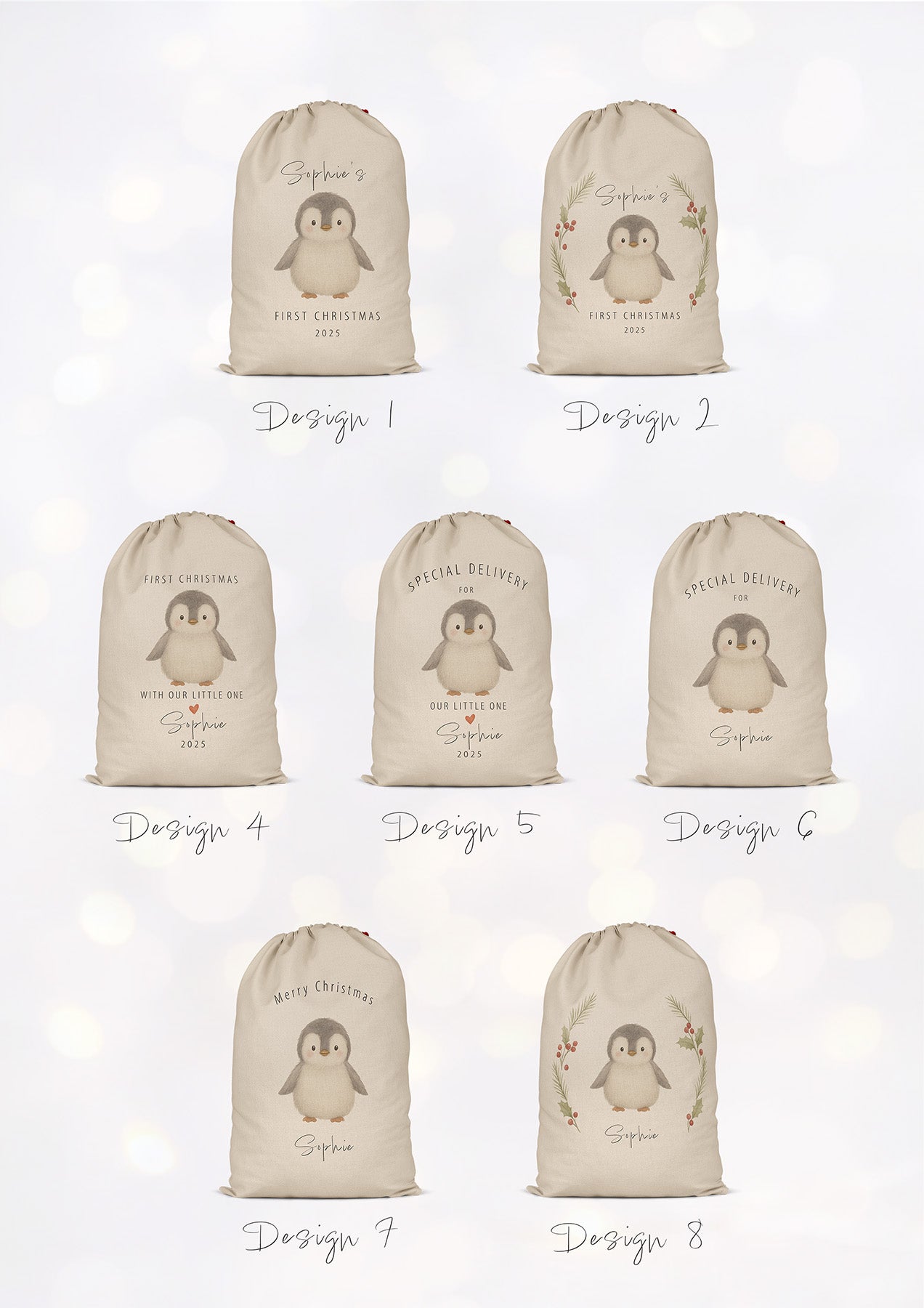 Contact sheet displaying all eight personalised penguin sack designs printed on linen-look fabric Santa sacks. Each mockup shows a different layout, including wreaths, Christmas text, ‘Special Delivery’ arches, and first Christmas options. Shown on a gentle bokeh background for a festive, premium look