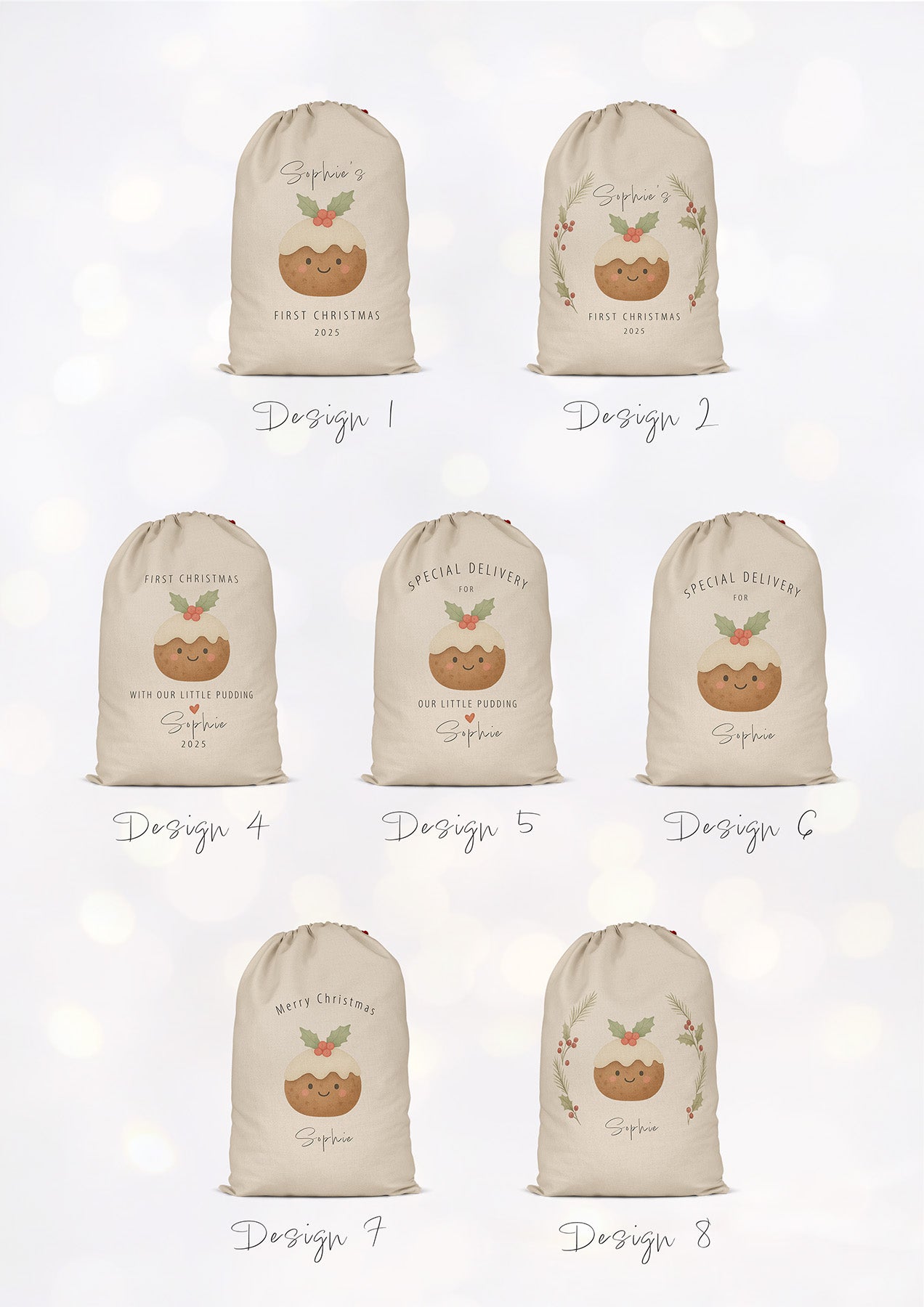 Contact sheet displaying eight personalised Christmas pudding sack mockups printed on linen-look fabric. Each sack shows a different arrangement of illustrated puddings, holly, berries, and festive greenery, paired with varying text styles such as ‘Special Delivery’ arches and ‘First Christmas’ messages. Shown on a soft bokeh background for a premium, boutique feel