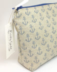 Handprinted blue anchor linen purse pouch - with silk lining
