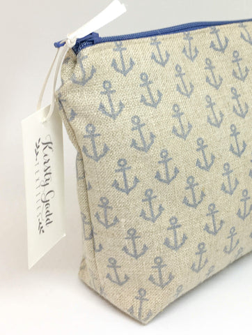Hand Printed Linen Anchor Purse / Pouch - Blue Silk Lining   -  I'll be Your Anchor