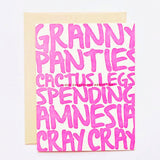 Granny Panties, Cactus Legs, Spending Amnesia, Cray Cray Letterpress Card