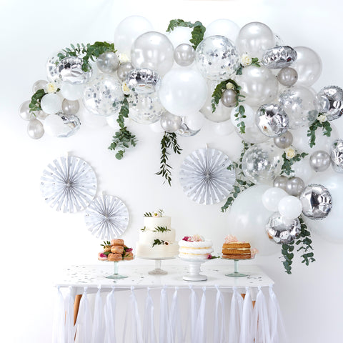 Silver, White & Pearl Balloon Arch Backdrop