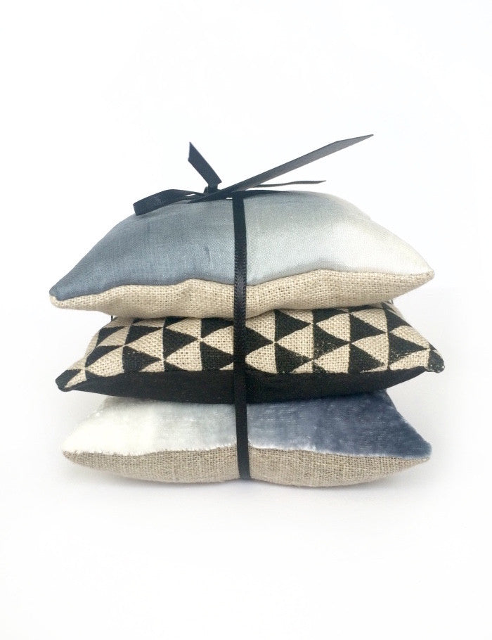 Kirsty Gadd Textiles - Blue Ombre, Black Geometric Print, Silk Linen Cotswold Lavender Pillows