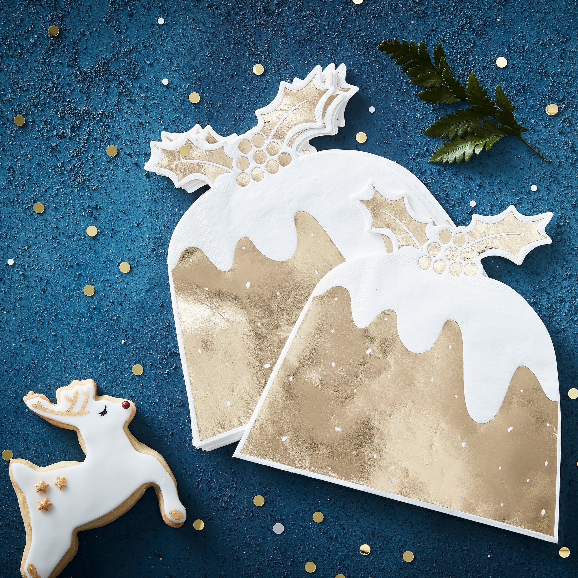 Gold Foiled Christmas Pudding Paper Napkins - 12 Pack - Christmas Party, Winter Wedding, Festive Table Decor Ideas, Gold Holiday Decorations
