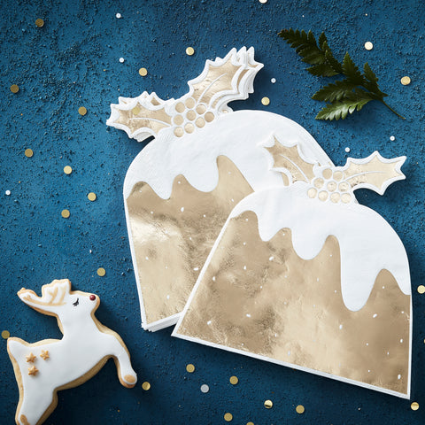 Gold Foiled Christmas Pudding Paper Napkins - 12 Pack