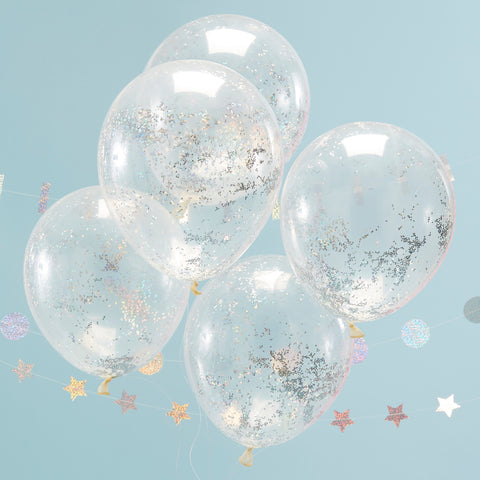 Holographic Glitter Confetti Balloons - 5 Pack