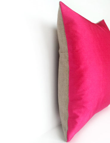 Hot Pink Silk & Natural Linen Luxurious Handmade Square Cushion - Various Sizes Hand-dyed