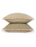 Peach Coral Blush Linen & Pom Pom Cushion Handmade in the Cotswolds Kirsty Gadd Textiles