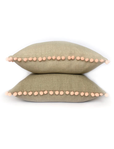 CLEARANCE: Natural Linen & Soft Coral Pom Pom Bobble Trim Cushion