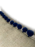 Navy Linen & Pom Pom Cushion Handmade in the Cotswolds Kirsty Gadd Textiles