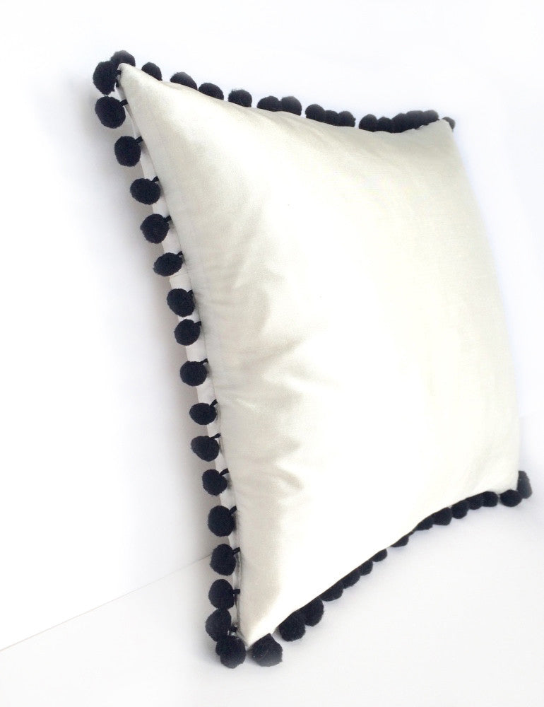 Kirsty Gadd Textiles - Handmade Ivory Silk Dupion Black Bobble Pom Pom Cushion
