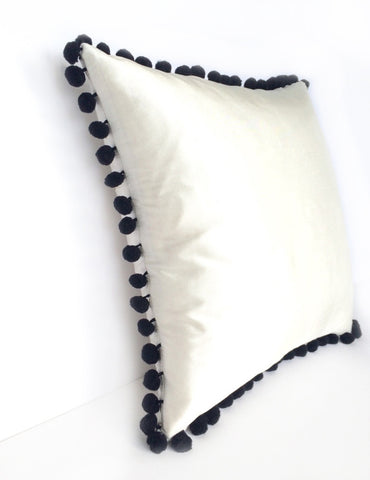 Ivory Silk & Black Pom Pom Bobble Trim Cushion - Various Sizes - MADE TO ORDER