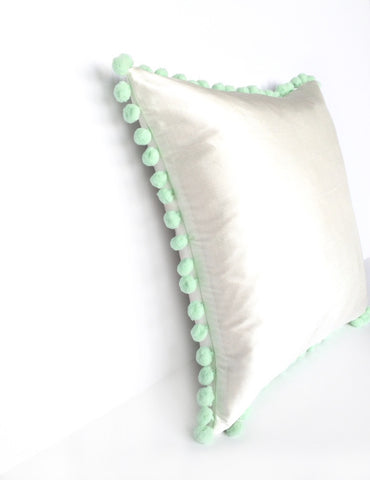 Ivory Silk & Mint Green Pom Pom Bobble Trim Cushion - Various Sizes - MADE TO ORDER