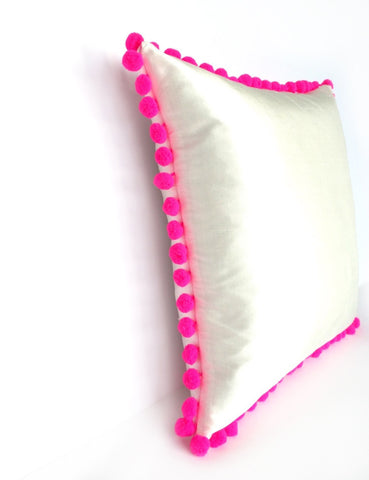 Ivory Silk & Neon Hot Pink Pom Pom Bobble Trim Cushion - Various Sizes - MADE TO ORDER