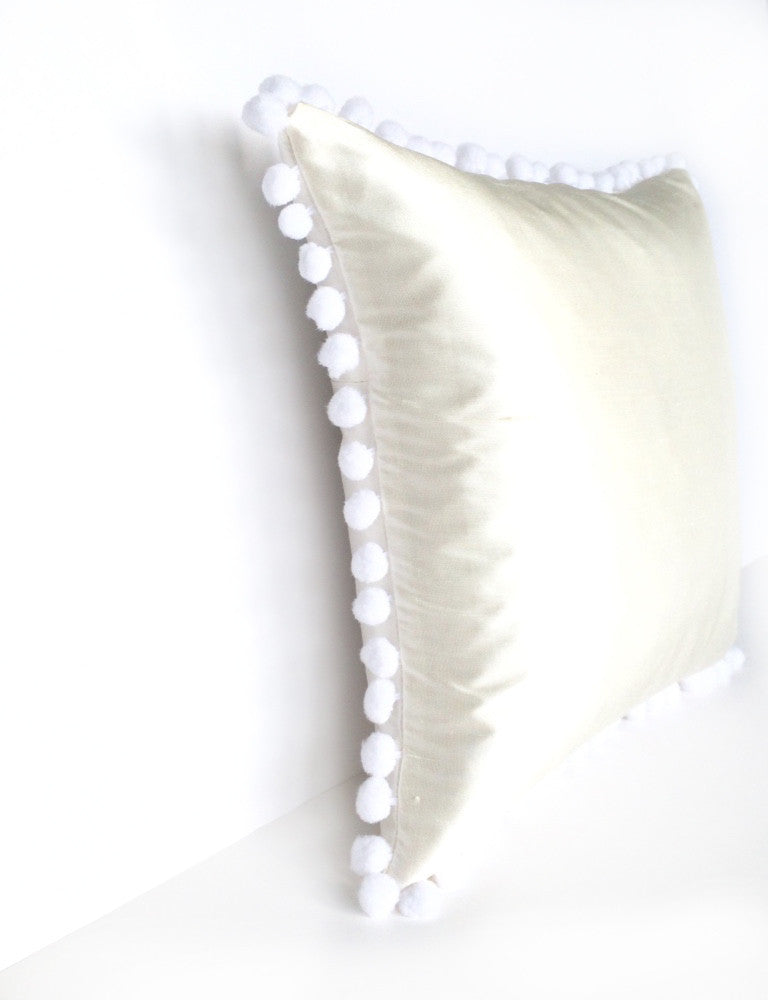 Kirsty Gadd Textiles - White Bobble Pom Pom Silk Dupion Handmade Cushion