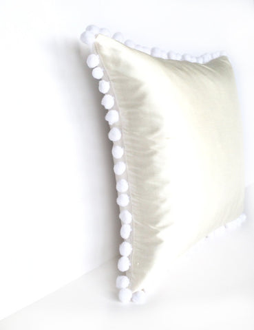 Ivory Silk & White Pom Pom Bobble Trim Cushion - Various Sizes - MADE TO ORDER