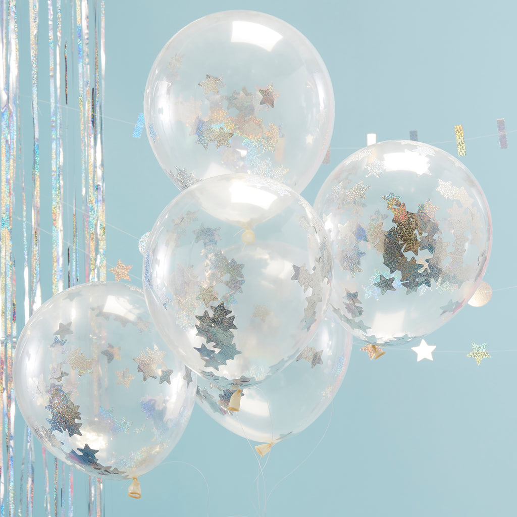 CLEARANCE: Holographic Star Confetti Balloons - 5 Pack