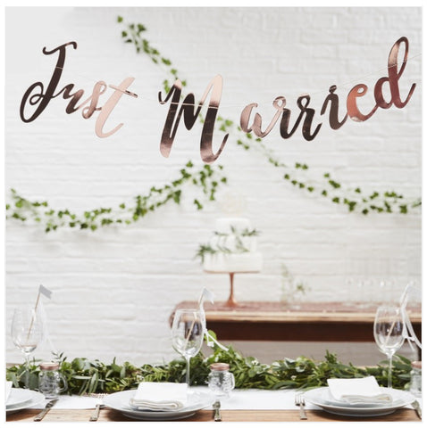Just Married Rose Gold Bunting Backdrop