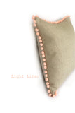 Peach Coral Blush Linen & Pom Pom Cushion Handmade in the Cotswolds Kirsty Gadd Textiles